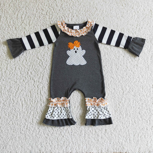 LR0129 Girls Embroidered Ghost Black and White Striped Long Sleeve Bodysuit