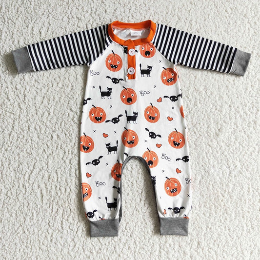 LR0140 Boys Halloween Pumpkin Cat Long Sleeve Bodysuit