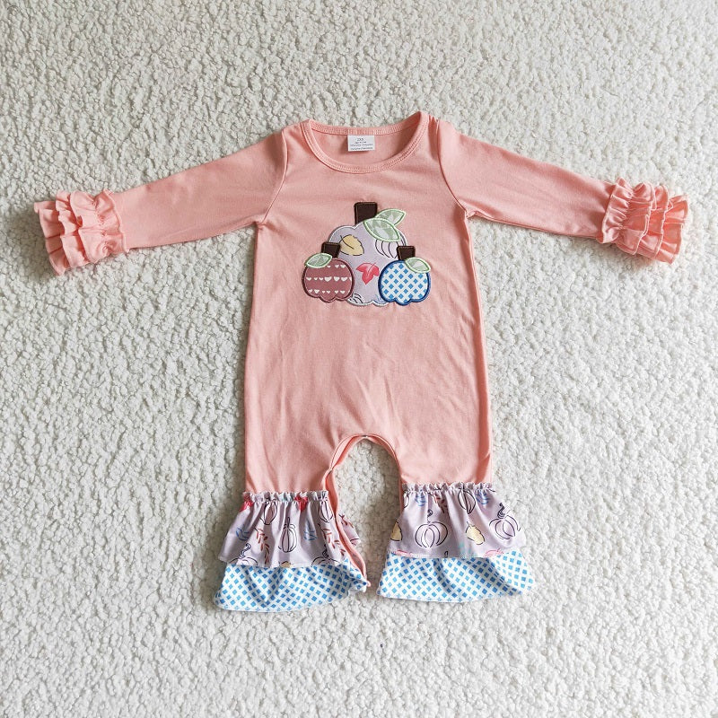 LR0152 Girls Embroidered Pumpkin Pink Long Sleeve Bodysuit