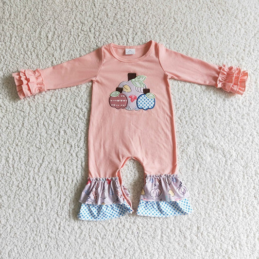 LR0152 Girls Embroidered Pumpkin Pink Long Sleeve Bodysuit