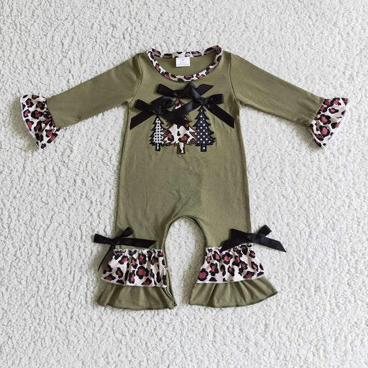 LR0166 Girls Embroidered Christmas Tree Green Long Sleeve Bodysuit