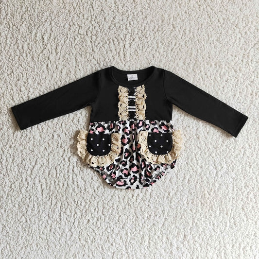 LR0167 Girls Black Leopard Pocket Long Sleeve Bodysuit