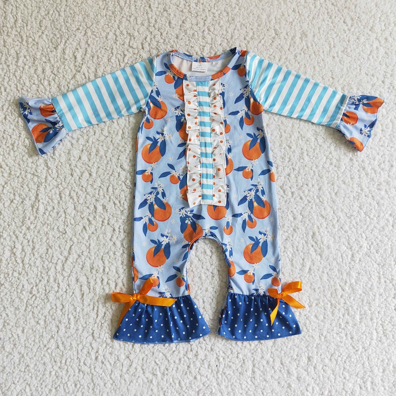 LR0172 Girls Orange Blue Striped Long Sleeve Bodysuit D 1112