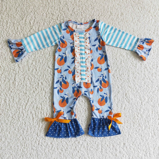 LR0172 Girls Orange Blue Striped Long Sleeve Bodysuit