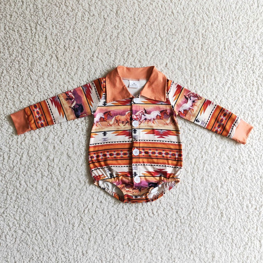 LR0181 Horse Geometric Brown Long-Sleeve Button-Up Bodysuit