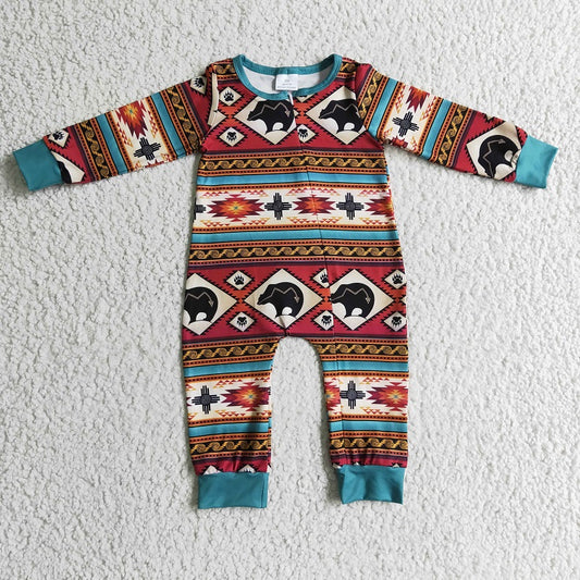 LR0183 Boys Bear Geometric Brown Long Sleeve Bodysuit