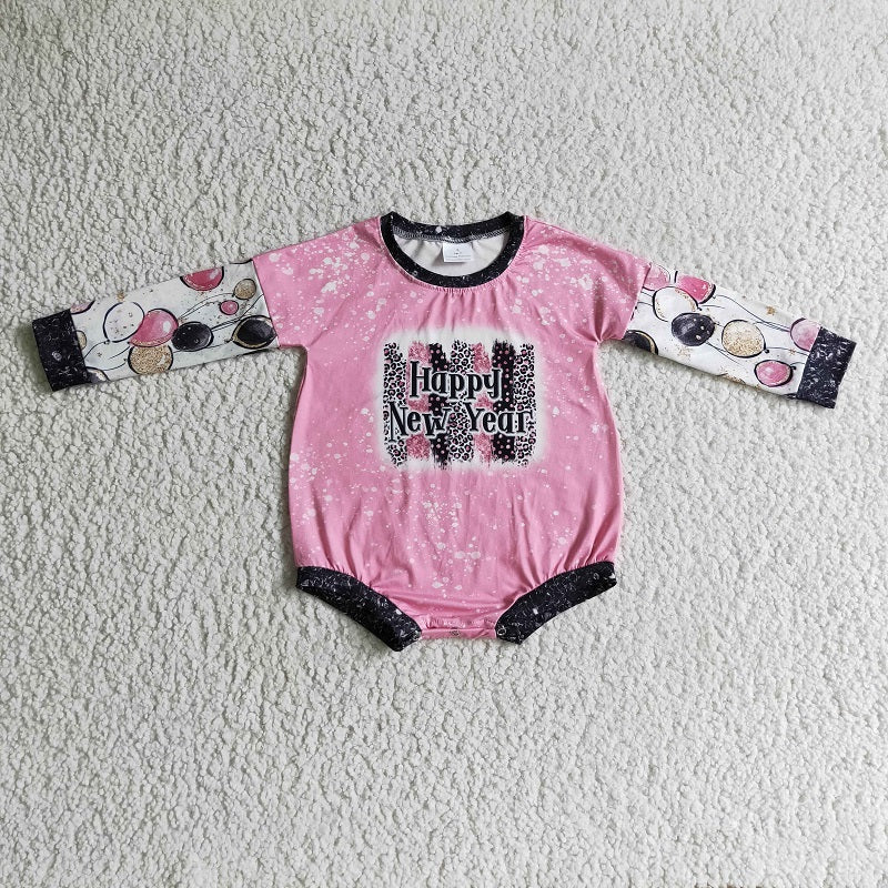 LR0184 Girls Happy New Year Pink Long Sleeve Bodysuit