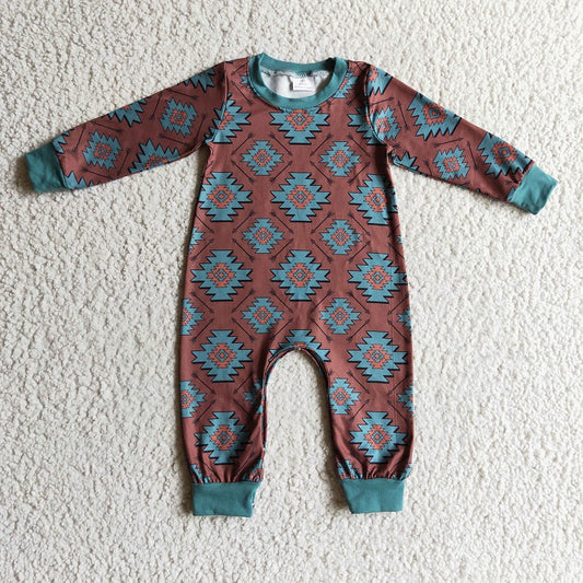 LR0187 Boys Geometric Pattern Brown Long Sleeve Bodysuit