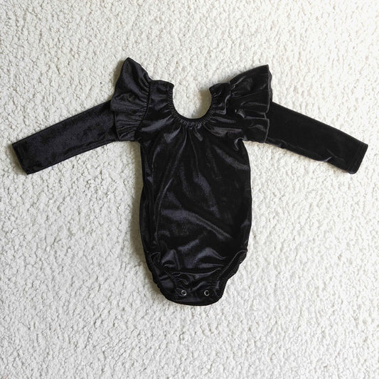 LR0208 Girls Black Gold Velvet Long Sleeve Dance Romper