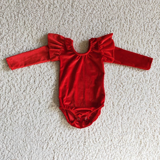 LR0209 Girls Red Gold Velvet Long Sleeve Dance Romper