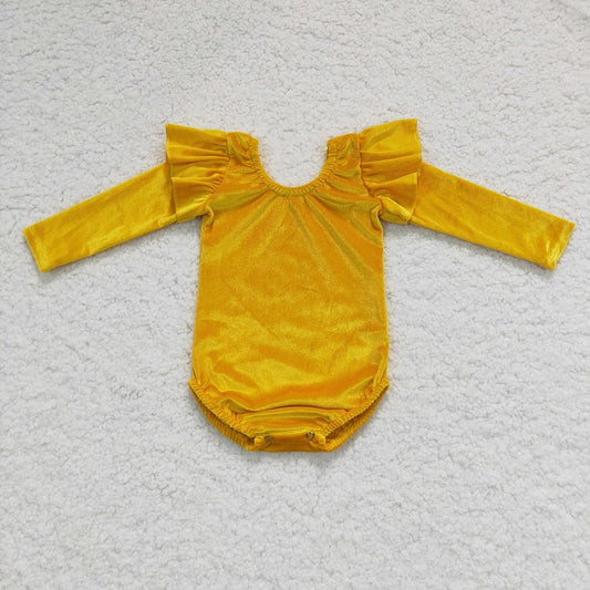 LR0210 Girls Orange Gold Velvet Long Sleeve Dance Romper