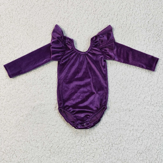 LR0211 Girls Purple Gold Velvet Long Sleeve Dance Romper