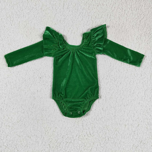 LR0212 Girls Green Gold Velvet Long Sleeve Dance Romper