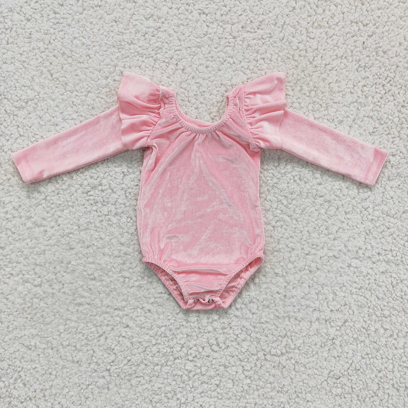 LR0213 Girls Pink Gold Velvet Long Sleeve Dance Romper