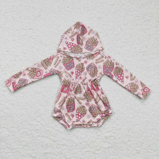 LR0244 Girls FRIES French Fries Pink Hooded Long-Sleeved Jumpsuit