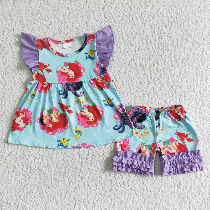 B16-21 Mermaid Purple Small Flying Sleeve Lace Shorts set