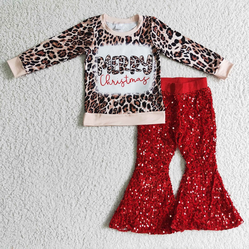 Girls Christmas Leopard Print Red Sequin Pant Set GT0060+B4-11
