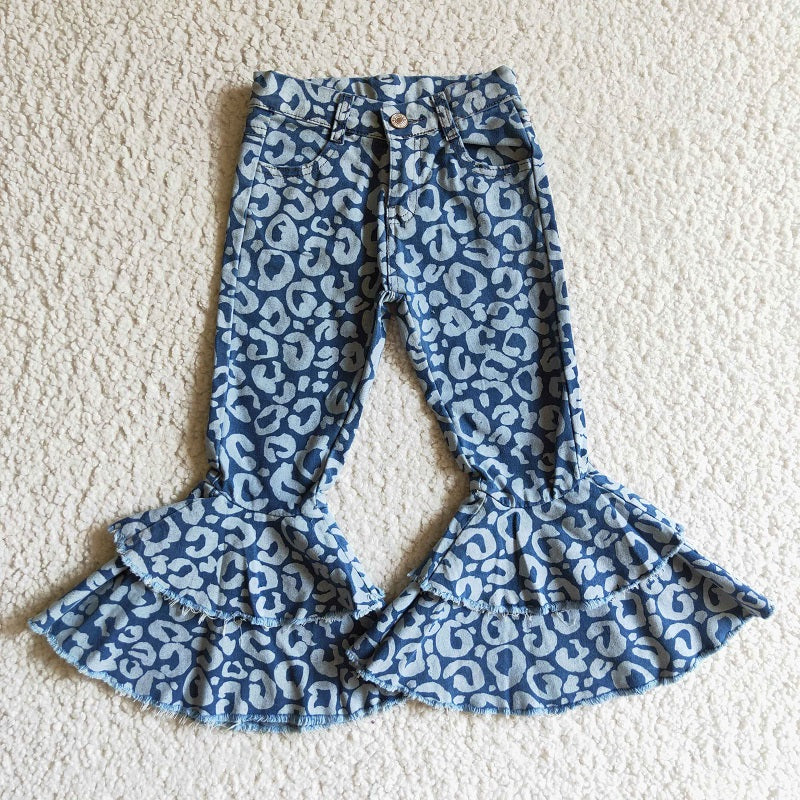 P0027 BLUE LEOPARD RUFFLE DENIM PANTS