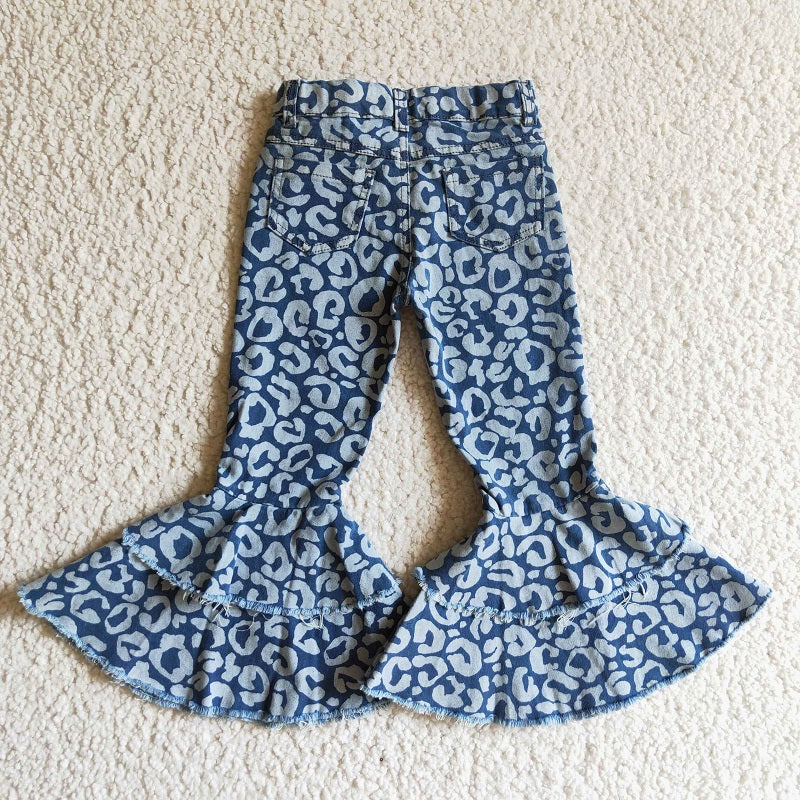P0027 BLUE LEOPARD RUFFLE DENIM PANTS
