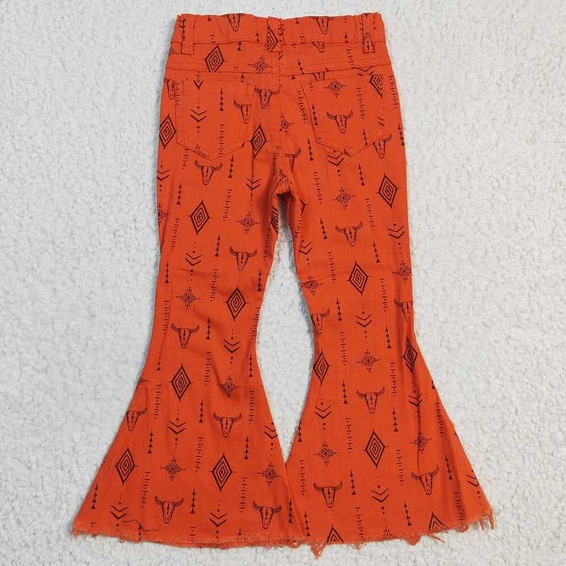 P0045 Bull Head Geometric Orange Denim Trousers