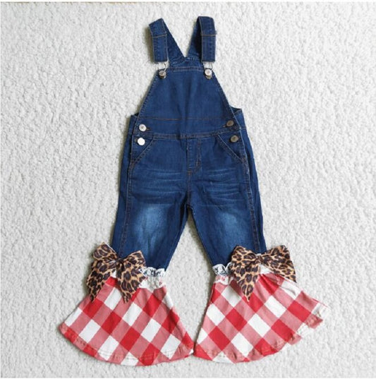 C16-16 New fashion baby girls leopard-print plaid suspender jeans