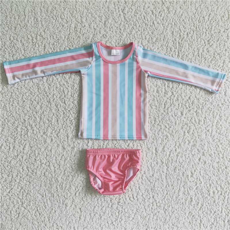 S0020 Baby Girls Color Striped Long Sleeve Pink Briefs Swimsuit Set