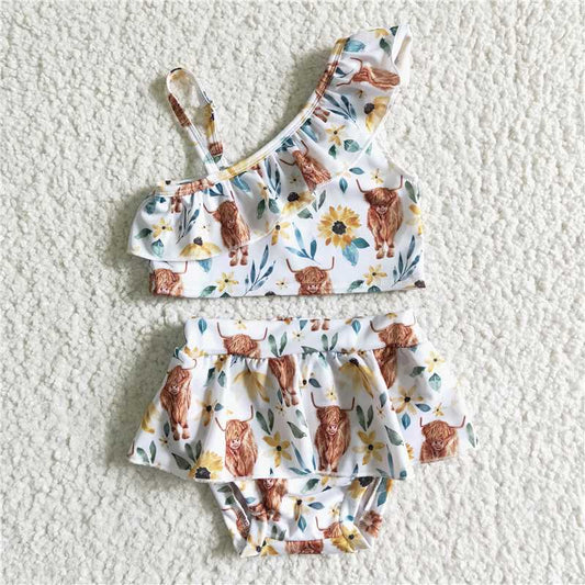 S0025 Girls' Alpine Cow Flower Sling Swimsuit Set
