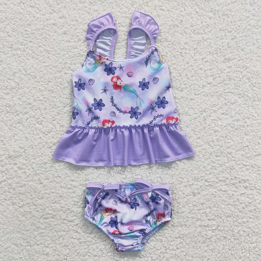 S0037 Baby Girls Mermaid Purple Flower Swimsuit Set