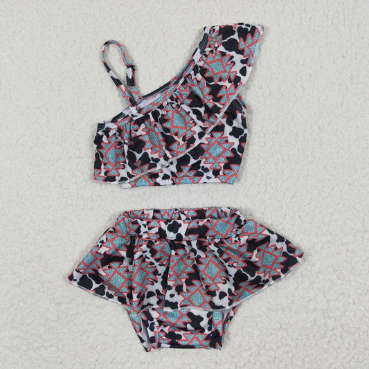 S0038 baby Girls Cow Print Geometric Swimsuit Set