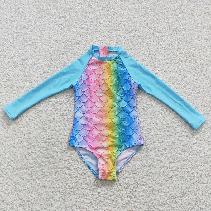 S0075 Colorful fish scale blue long-sleeve one-piece swimsuit