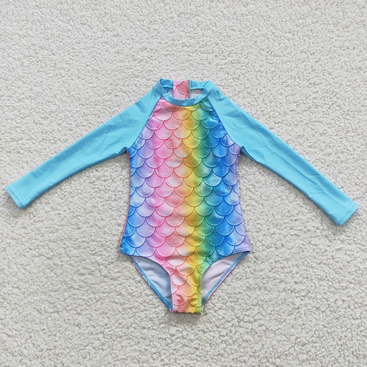 S0075 Colorful fish scale blue long-sleeve one-piece swimsuit