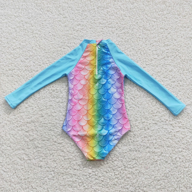 S0075 Colorful fish scale blue long-sleeve one-piece swimsuit