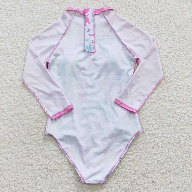 S0076 Colorful Dinosaur Pink Long Sleeve One-Piece Swimsuit