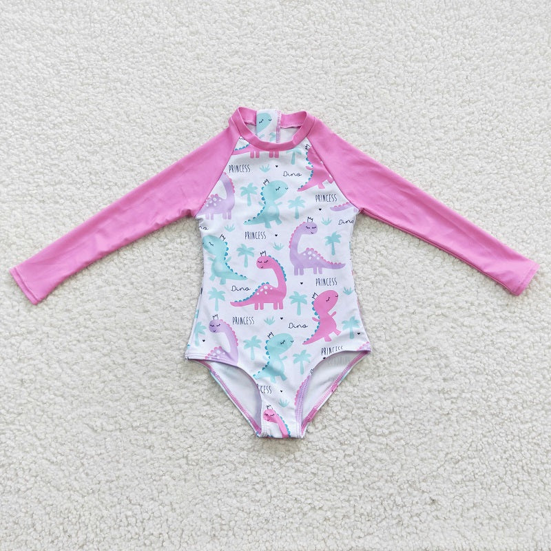 S0076 Colorful Dinosaur Pink Long Sleeve One-Piece Swimsuit
