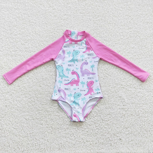 S0076 Colorful Dinosaur Pink Long Sleeve One-Piece Swimsuit