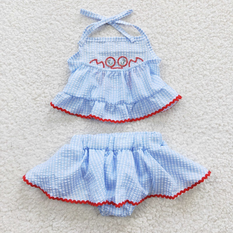 S0081 Baby Girls Embroidered Crab Blue Seersucker Set