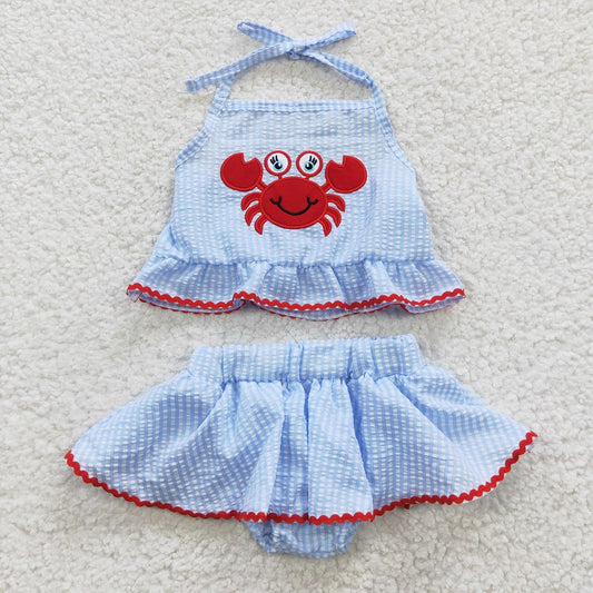 S0081 Baby Girls Embroidered Crab Blue Seersucker Set