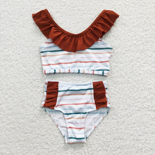 S0082 Color Striped Brown Swimsuit Set