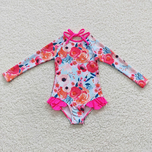 S0083 Rose Red Flower Long Sleeve One-Piece Swimsuit