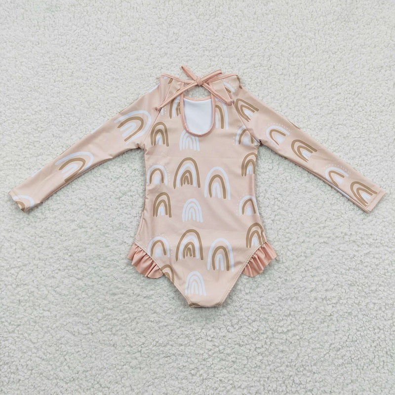 S0086 Rainbow Beige Long Sleeve One-Piece Swimsuit