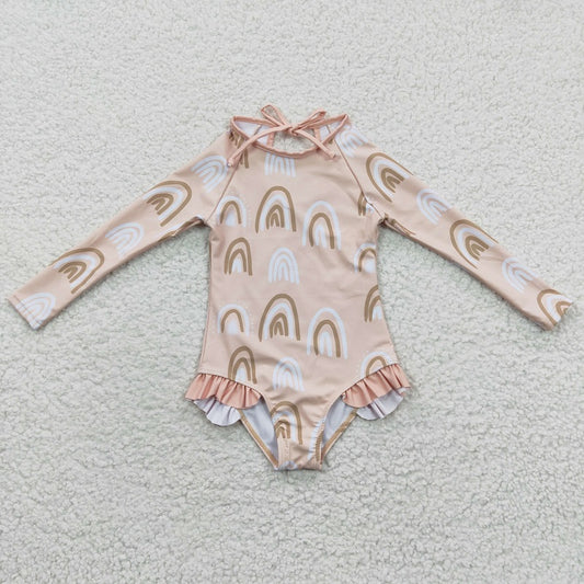 S0086 Rainbow Beige Long Sleeve One-Piece Swimsuit