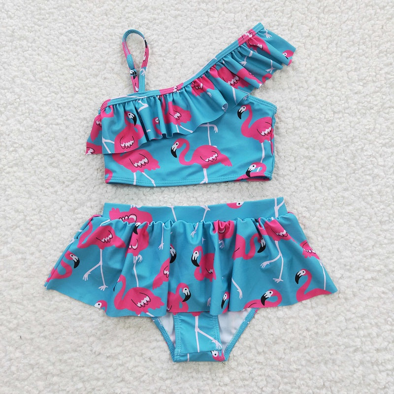 S0087 Baby Girls Flamingo Blue Swimsuit Set
