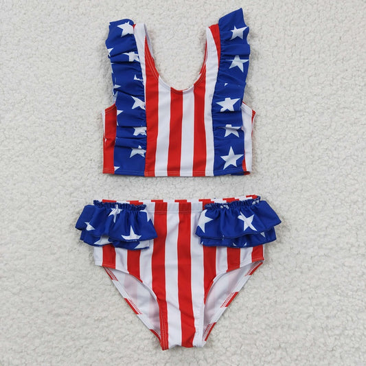 S0090 Baby Girls National Day Stars Stripes Lace Swimsuit Set