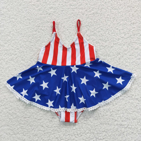 S0091 Girls' National Day Stars and Stripes Sling One-Piece Swimsuit