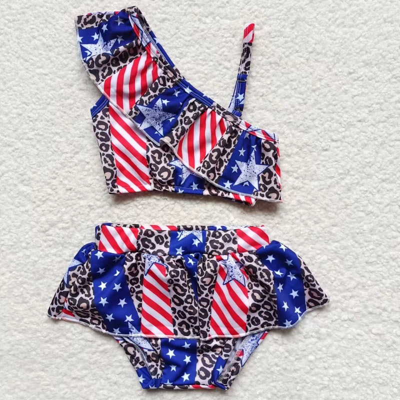 S0094 National Day Stars and Stripes Leopard Swimsuit Set