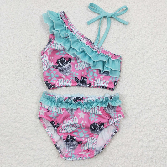 S0097 COWGIRL green and pink one-piece swimsuit
