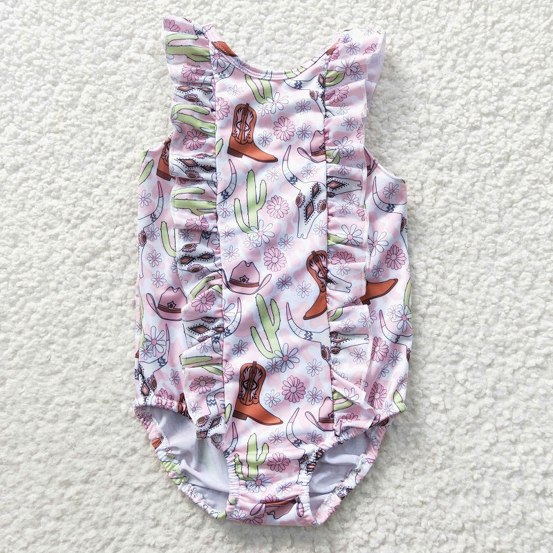 S0111 Baby Girls Cows Cactus One-Piece Swimsuit