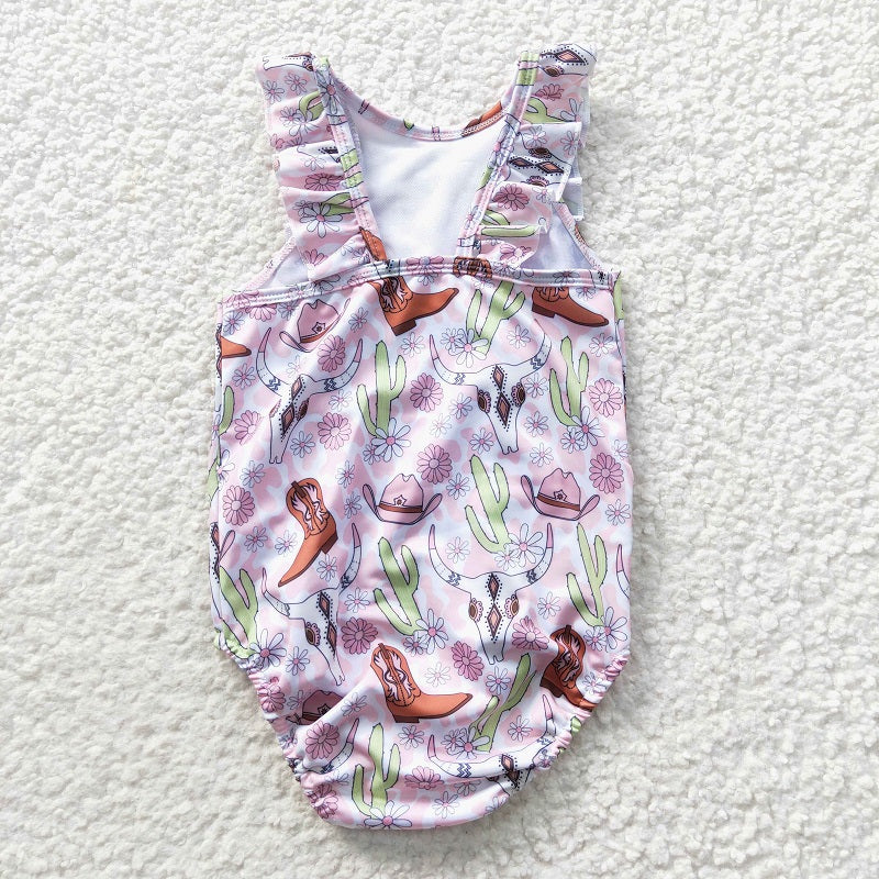 S0111 Baby Girls Bull Boots Hat Pink One-Piece Swimsuit