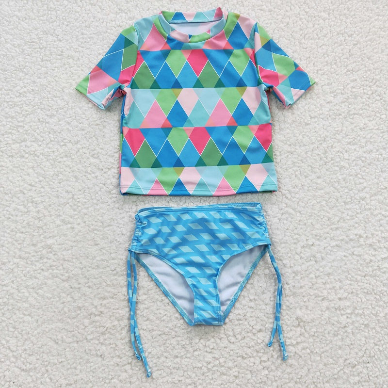 S0114 Colorful Geometric Pattern Short Sleeve Swimsuit Set