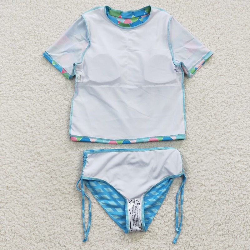 S0114 Colorful Geometric Pattern Short Sleeve Swimsuit Set
